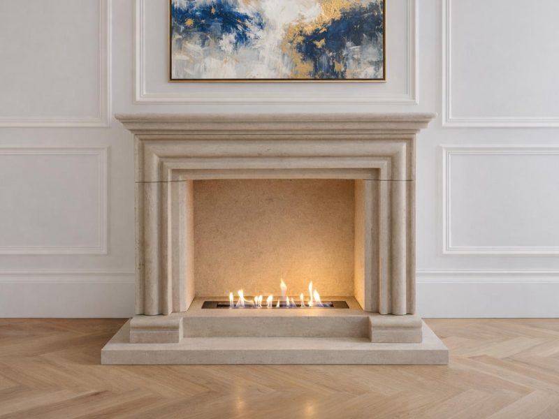 Cheminée en pierre de Moleanos foyer éthanol Cheminée foyer éthanol en pierre de taille