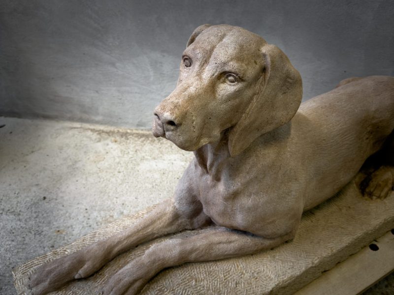 Sculpture chien braque hongrois en pierre naturelle Sculpture chien braque hongrois en pierre naturelle